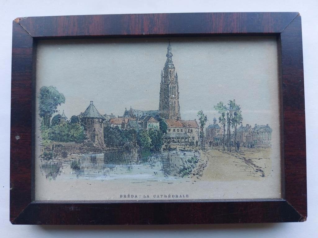 12 / gekleurde ingelijste prent van de kerk van Breda, Ophalen of Verzenden
