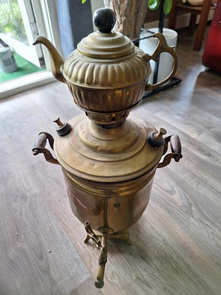 Antieke koperen samovar met theepot, Ophalen of Verzenden, Koper