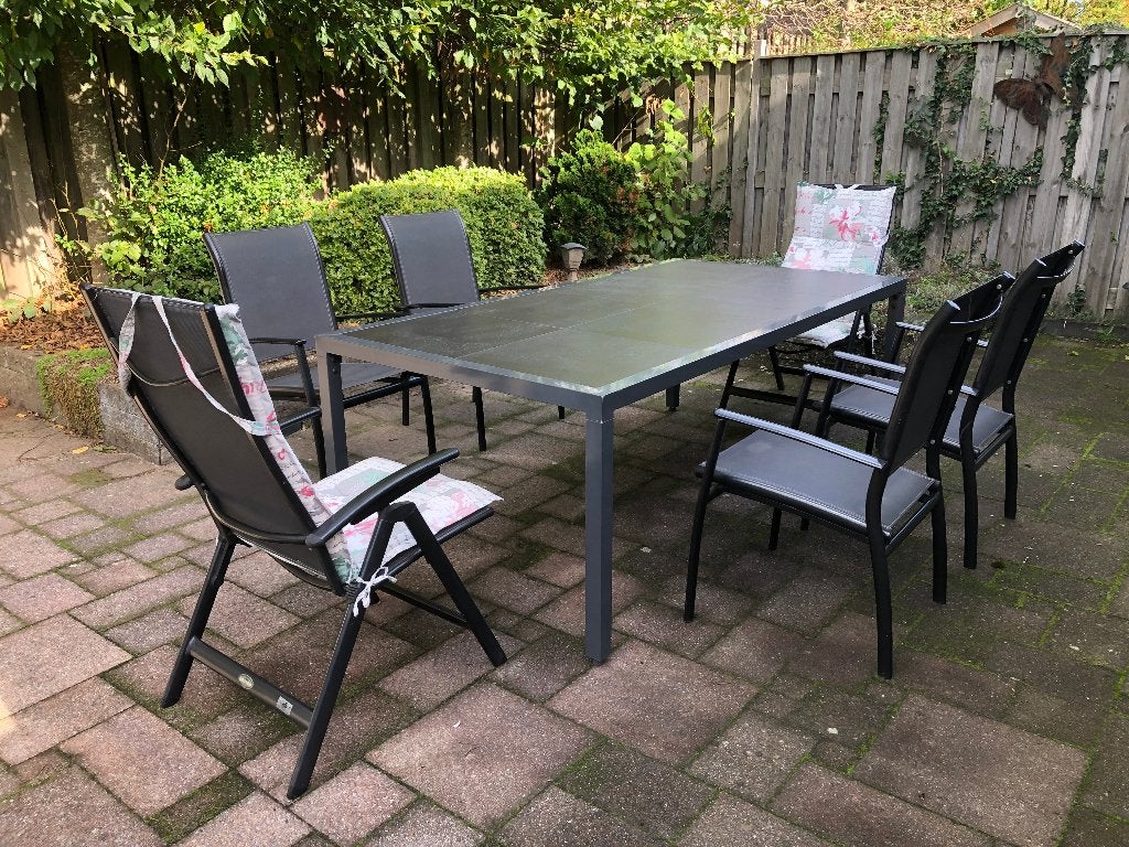 Gratis complete tuinset – grote tafel met 6 stoelen, Tuin en Terras, Ophalen of Verzenden, Gebruikt, 6 zitplaatsen, Tuinset