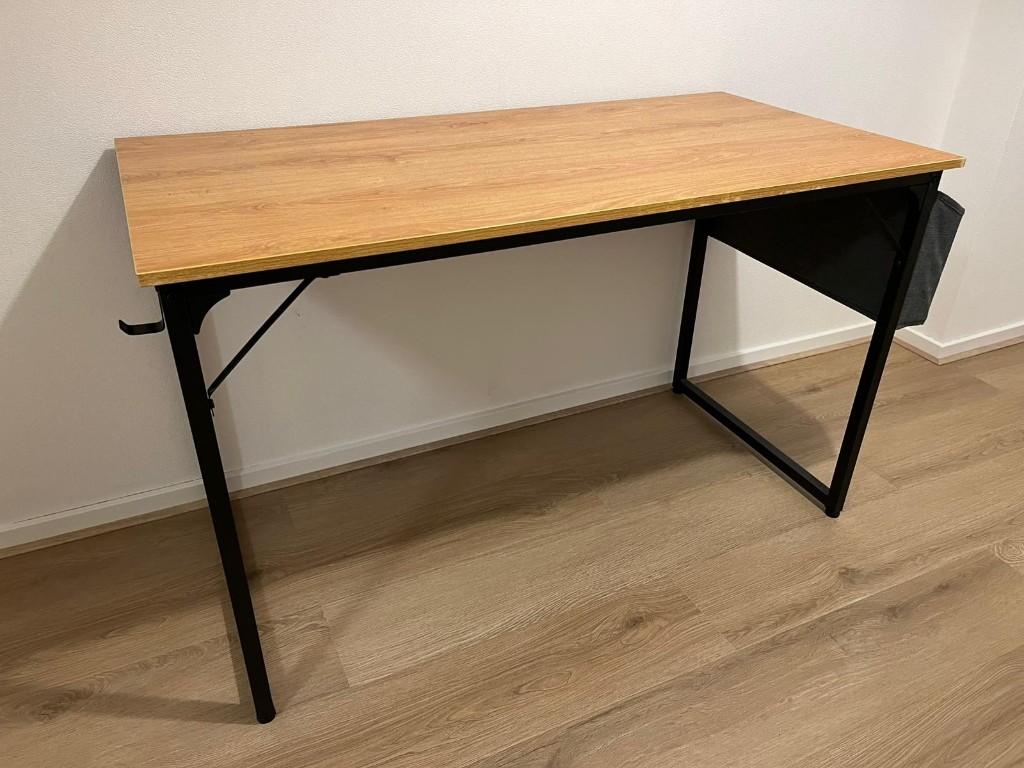 Bureau met houten blad + opbergvak, Huis en Inrichting, Bureaus, Ophalen, Gebruikt, 120 cm, Bruin