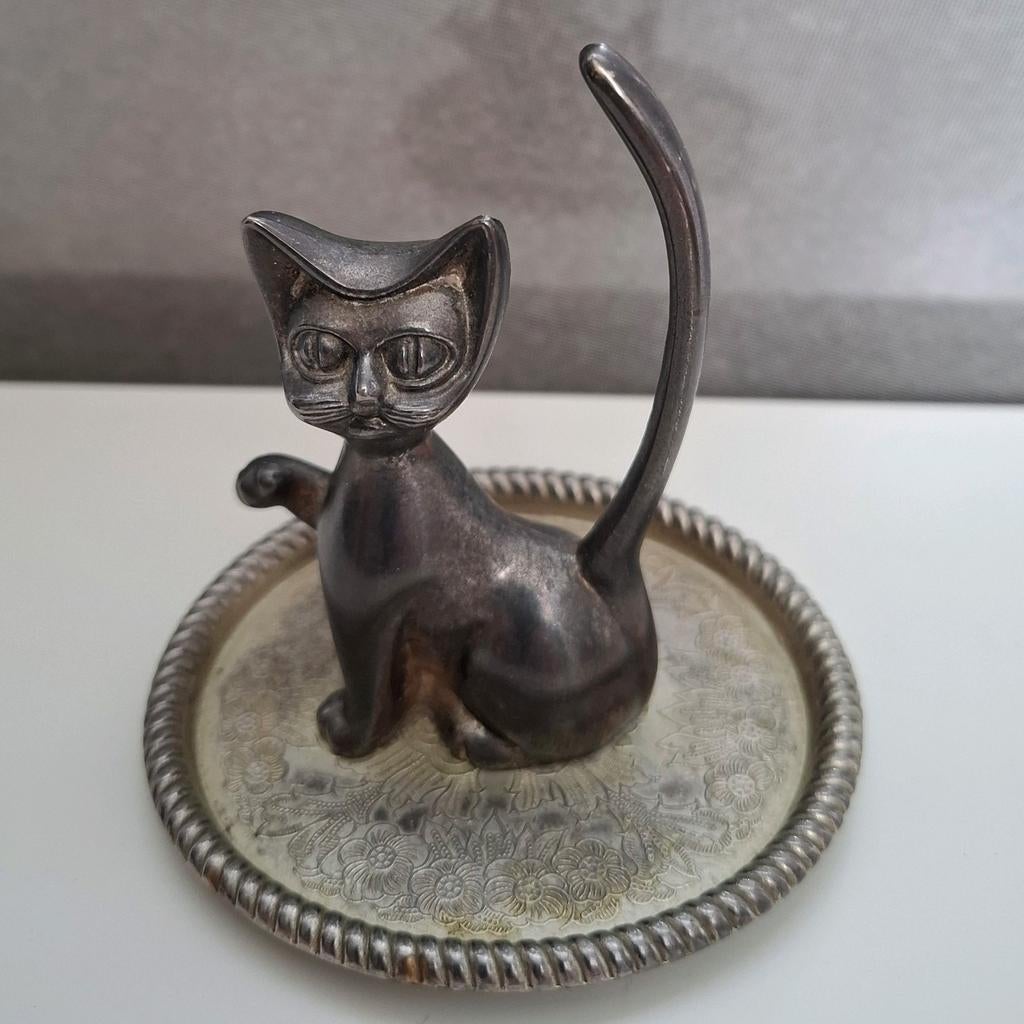 Vintage verzilverde ringhouder - zittende kat, Ophalen of Verzenden