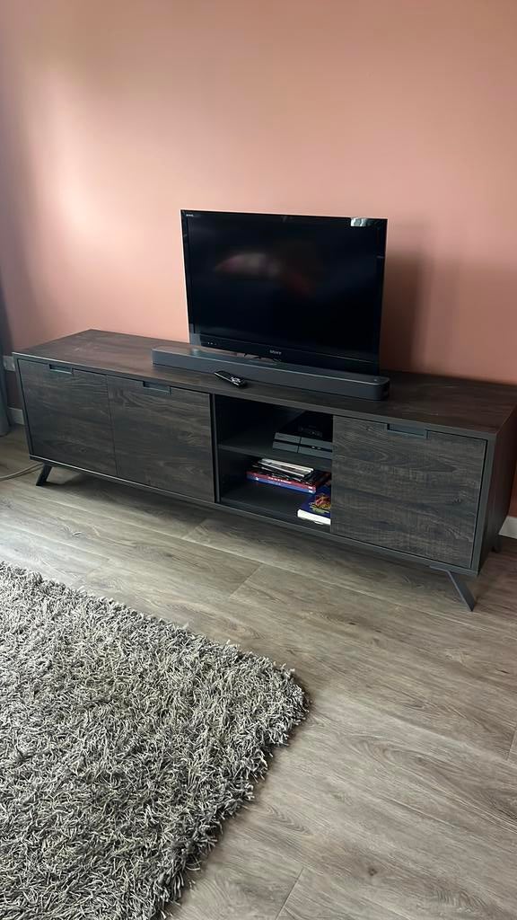 TV-meubel in donker hout, Huis en Inrichting, Kasten | Televisiemeubels, Ophalen, Gebruikt, 200 cm of meer, Minder dan 100 cm