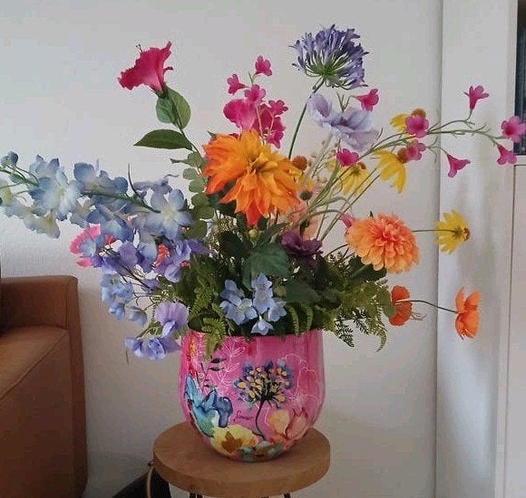 Prachtig zijdeboeket met bloempot van Lammie, Ophalen, Zo goed als nieuw