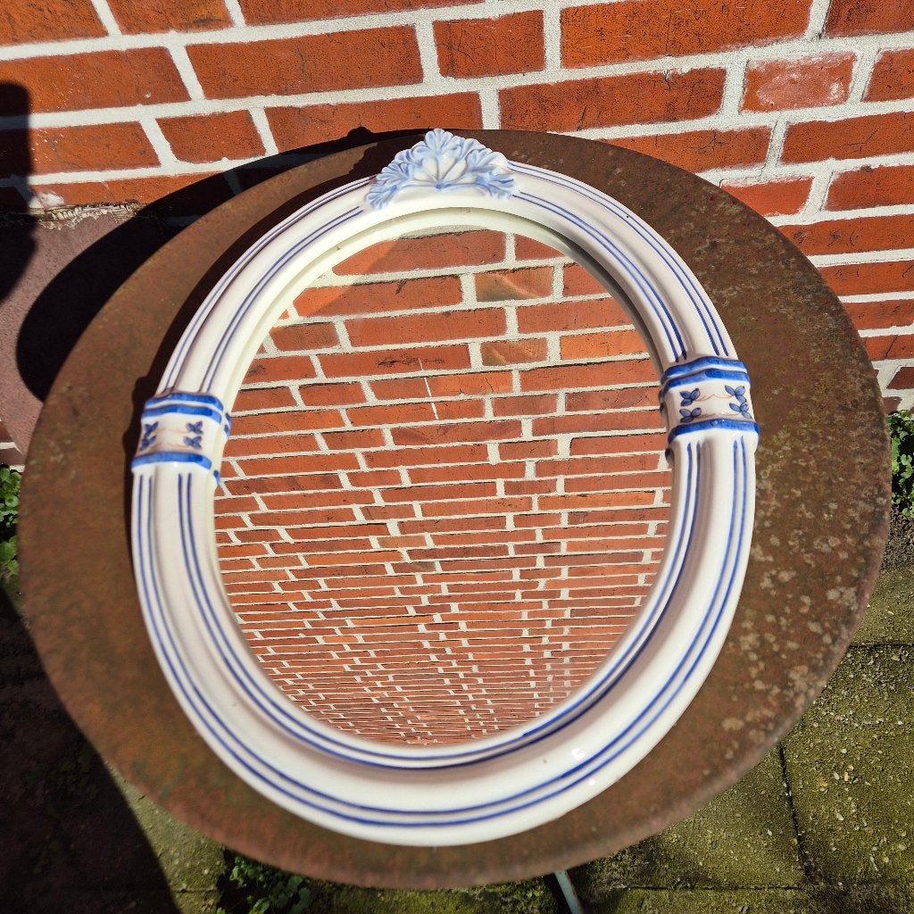 Ovale spiegel met porseleinen rand, blauw decor 52hx42br, Huis en Inrichting, Woonaccessoires | Spiegels, Minder dan 50 cm, Ophalen of Verzenden
