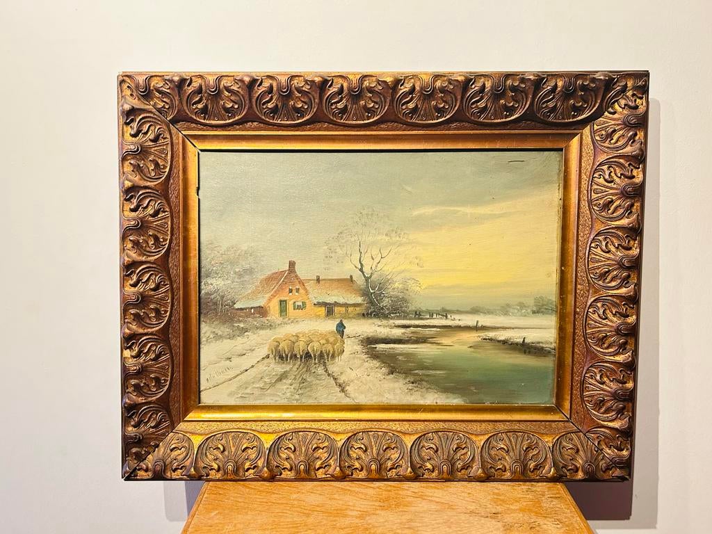 Piet Bulthuis - Winterlandschap met schapen en boerderij, Ophalen of Verzenden