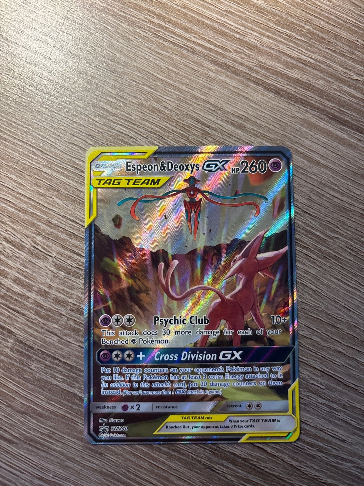 Espeon & Deoxys GX TAG TEAM SM240, Ophalen of Verzenden, Zo goed als nieuw, Losse kaart, Foil