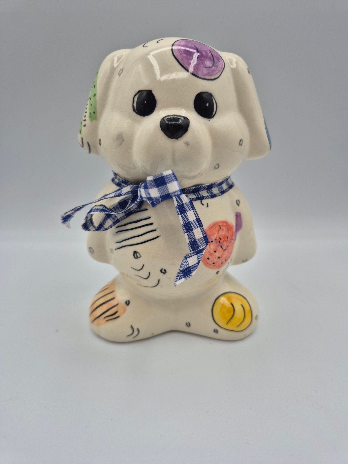 Leuke handgeschilderde spaarpot in de vorm van een hond, Steen, Aardewerk of Keramiek, Onbekend, Ophalen of Verzenden, Zo goed als nieuw