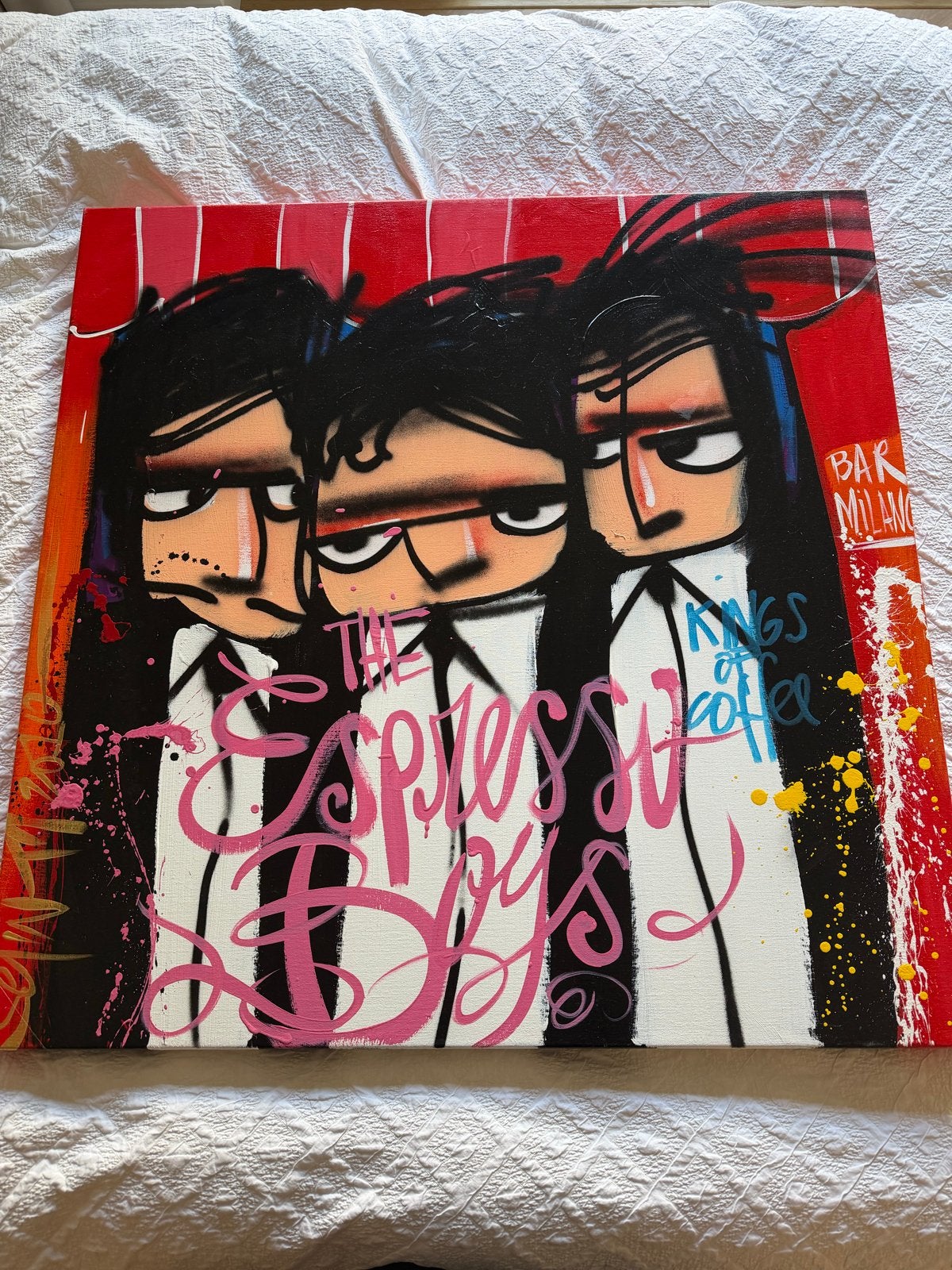 Schilderij 'The Espresso Boys' - Selwyn Senatori, Ophalen, Handgeschilderd, Textiel, Figuren