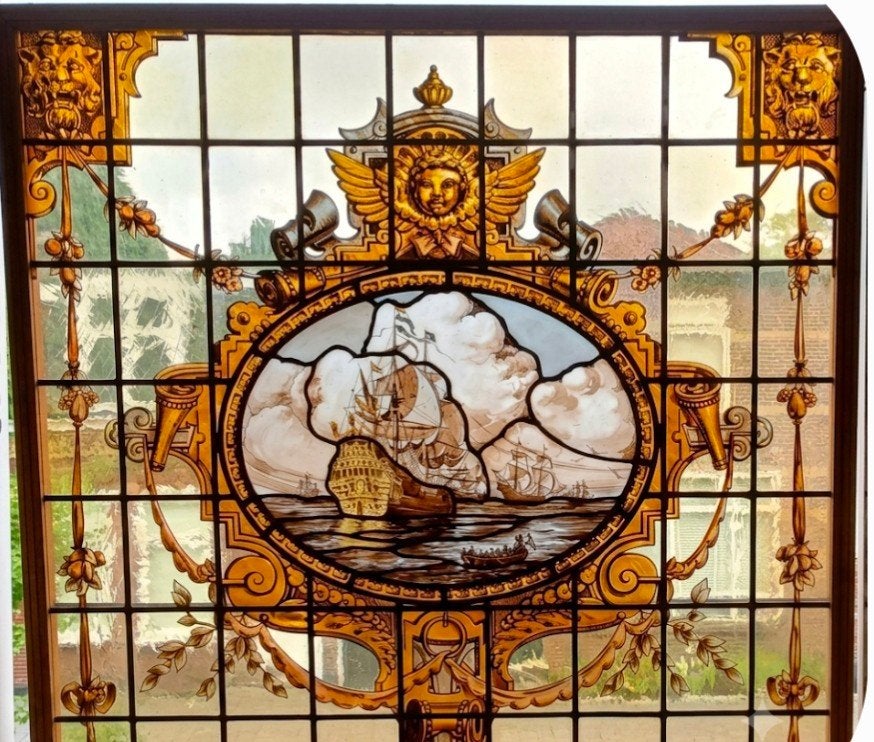 Prachtig gebrandschilderd raam, maritiem tafereel, 103x103cm, Antiek en Kunst, Ophalen