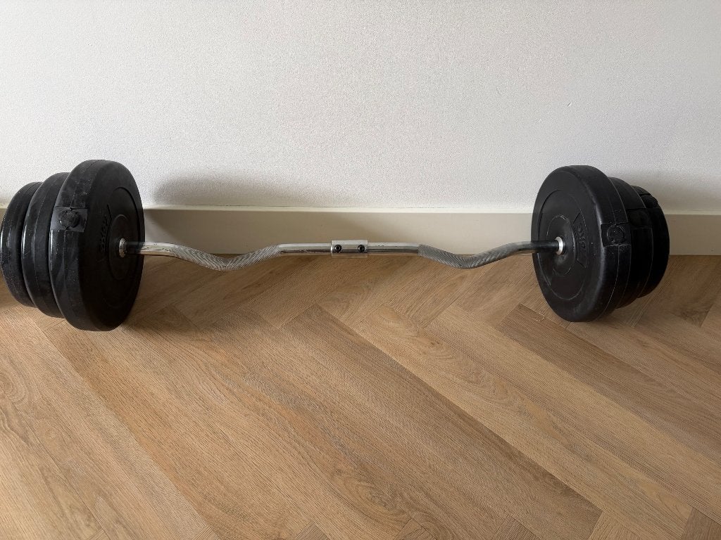 Krachtset: Halterstang, Dumbbell stang incl. Gewichten, Sport en Fitness, Ophalen, Gebruikt, Armen, Halterstangen