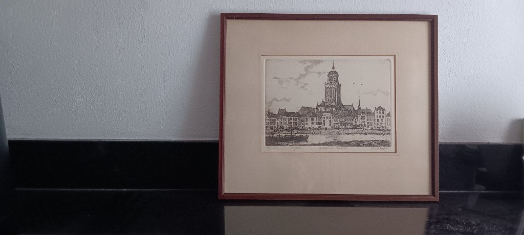 lijn ets, zicht op Deventer, Anna Doedijns, Antiek en Kunst, Kunst | Etsen en Gravures, Ophalen of Verzenden, Ingelijst