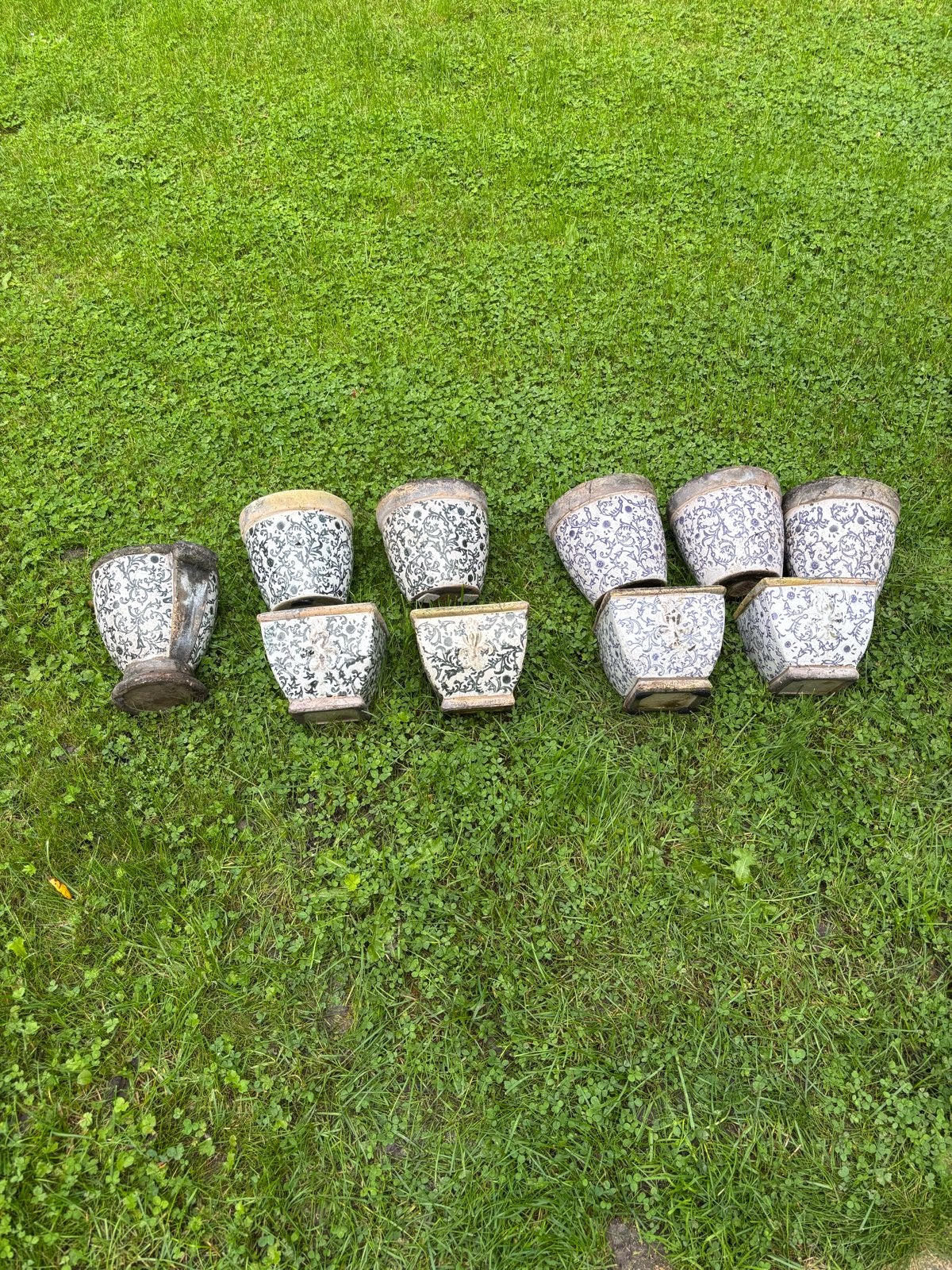 Set van 10 Vintage Bloempotten - Blauw & Groen Patroon, Tuin en Terras, Ophalen of Verzenden, Gebruikt, Overige materialen