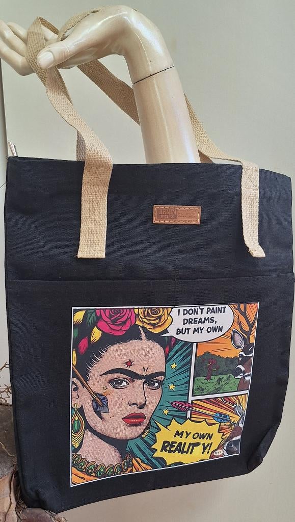 Frida Kahlo geïnspireerde zwarte canvas tas, NIEUW, RESTYLED, Ophalen of Verzenden, Nieuw, Zwart, Shopper