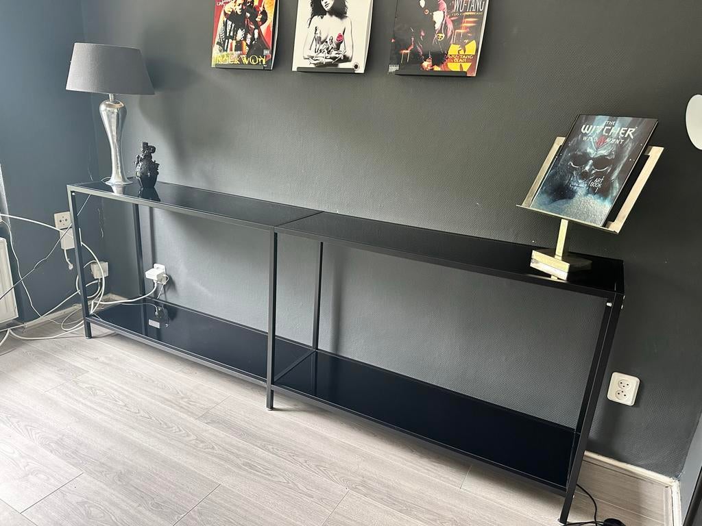 Zwart metalen sidetable met glazen blad - 220x35x75 cm, Ophalen, 200 cm of meer, Glas, Zo goed als nieuw