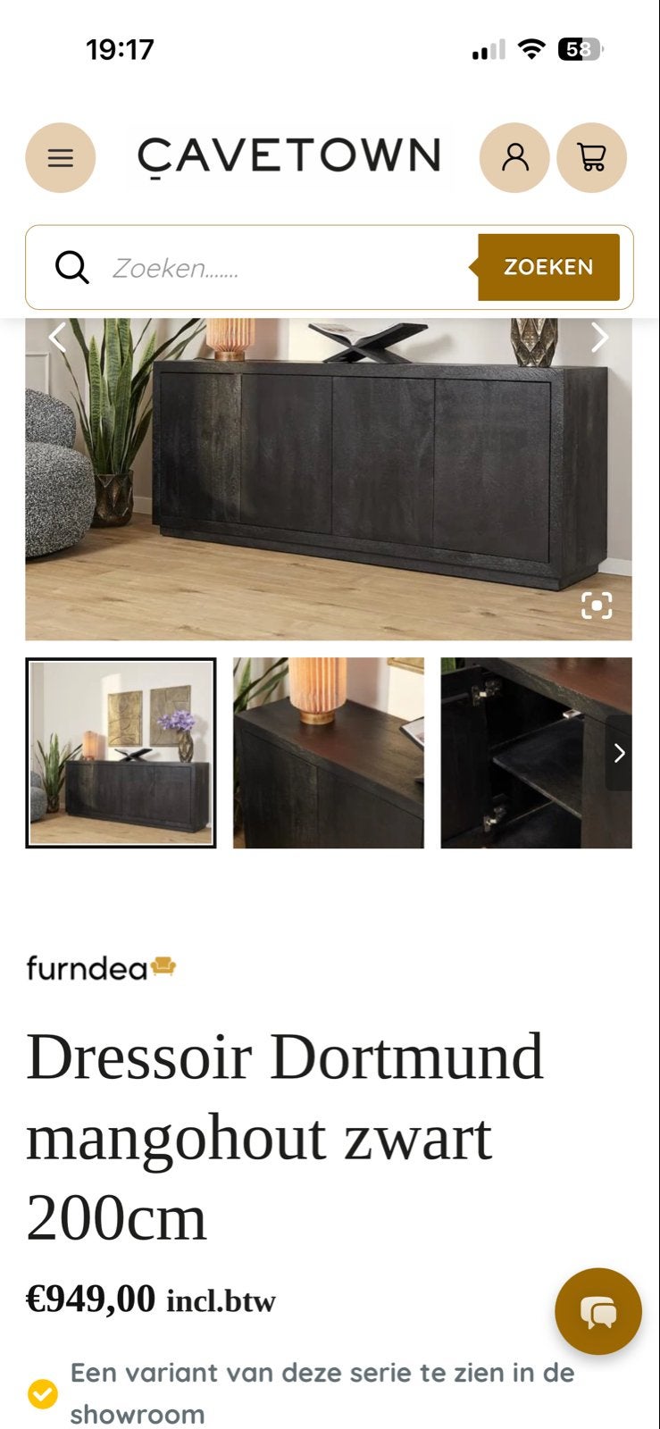 Dressoir Dortmund mangohout zwart 200cm, Ophalen, 150 tot 200 cm, Zo goed als nieuw, 25 tot 50 cm