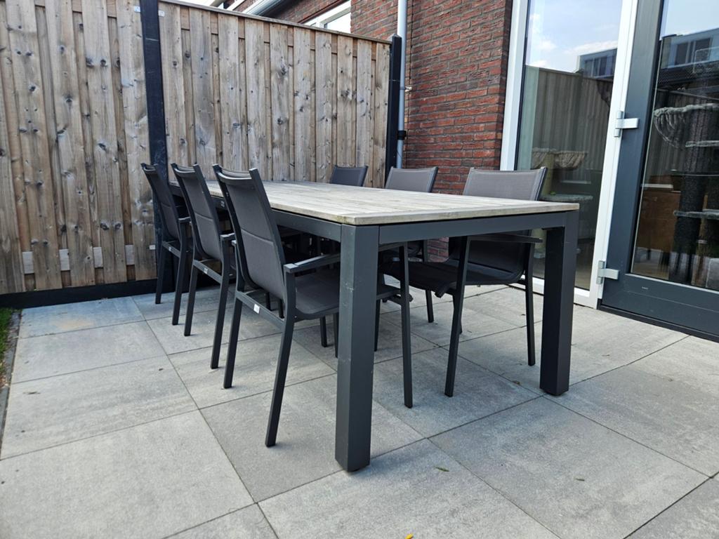 Mooie Tierra Outdoor teak tafel met 6 stoelen (240x100 cm), Ophalen, Teakhout