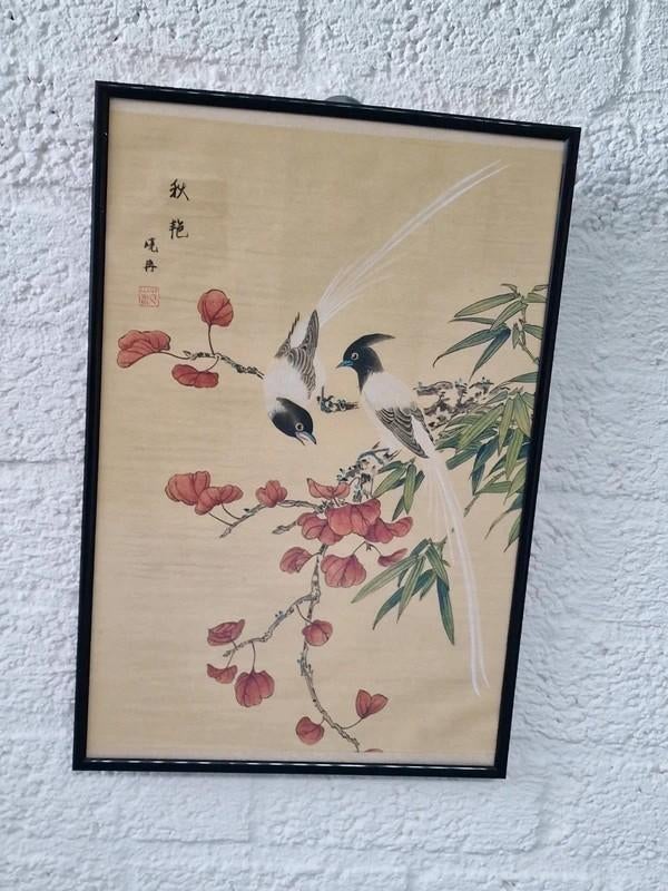 Vintage Chinees schilderij – 2 vogels & bloemen (herfst), Ophalen of Verzenden