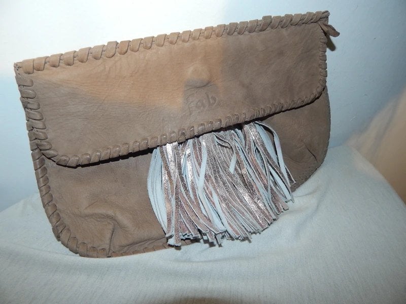 Fab Fabienne chapot clutch handtas Ibiza styl klos, Verzenden, Gebruikt, Bruin, Avondtasje