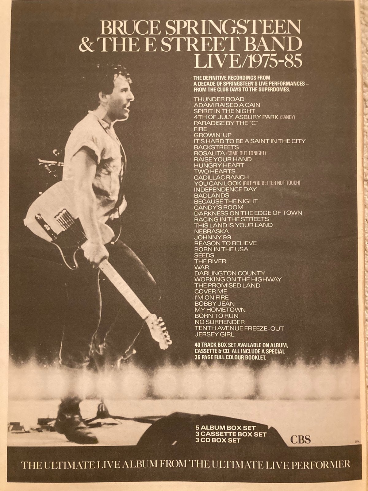 Paginagrote A3 advertentie BRUCE SPRINGSTEEN live release, Ophalen of Verzenden, Gebruikt