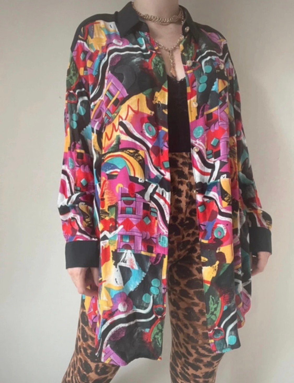 Fantastische vintage blouse met print, XL. 90s statement, Maat 46/48 (XL) of groter, Vintage, Gedragen, Meerkleurig