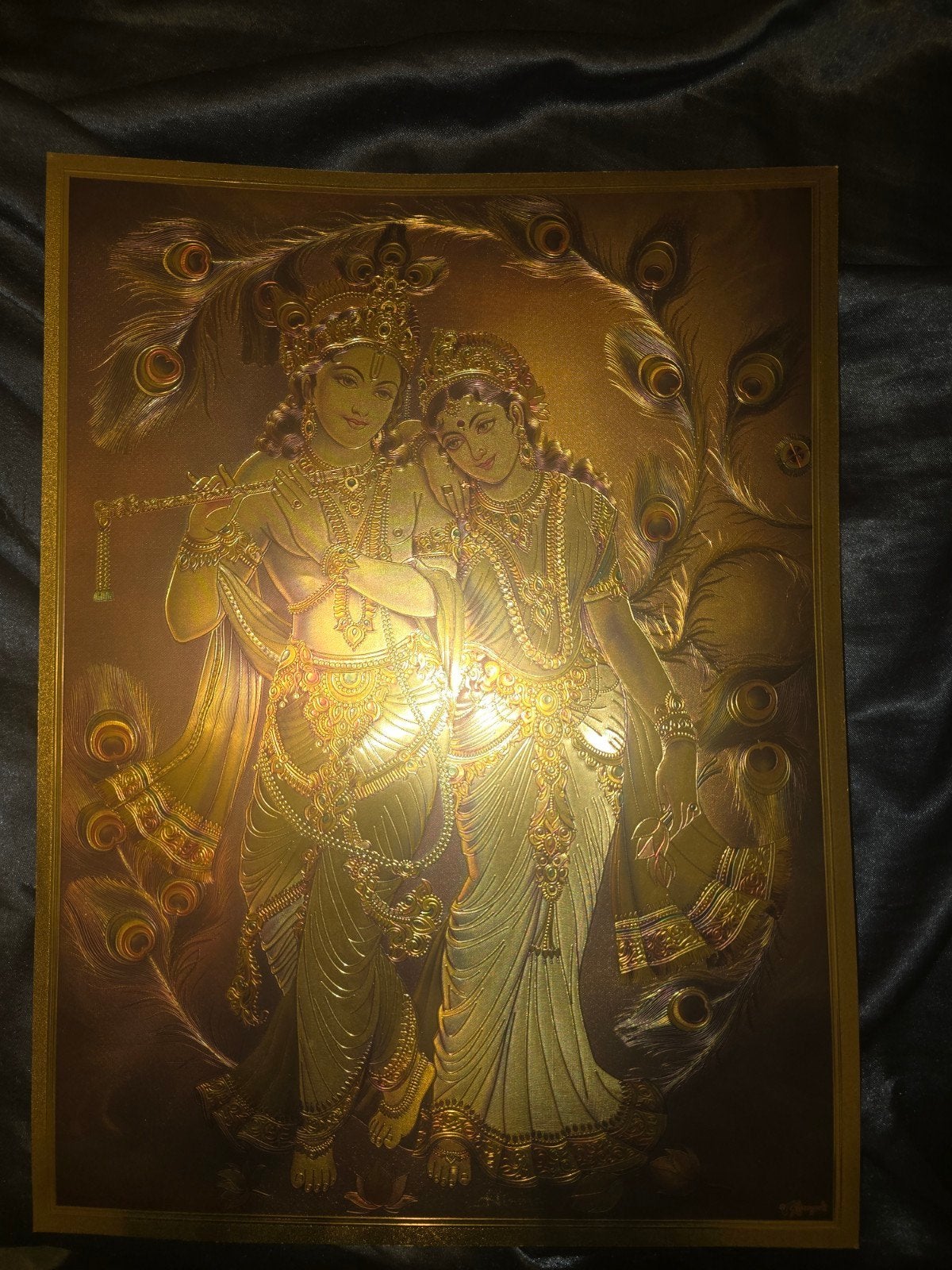 Gouden reliëfschilderij van Radha en Krishna, Antiek en Kunst, Schilderij, Goud, India, Ophalen of Verzenden