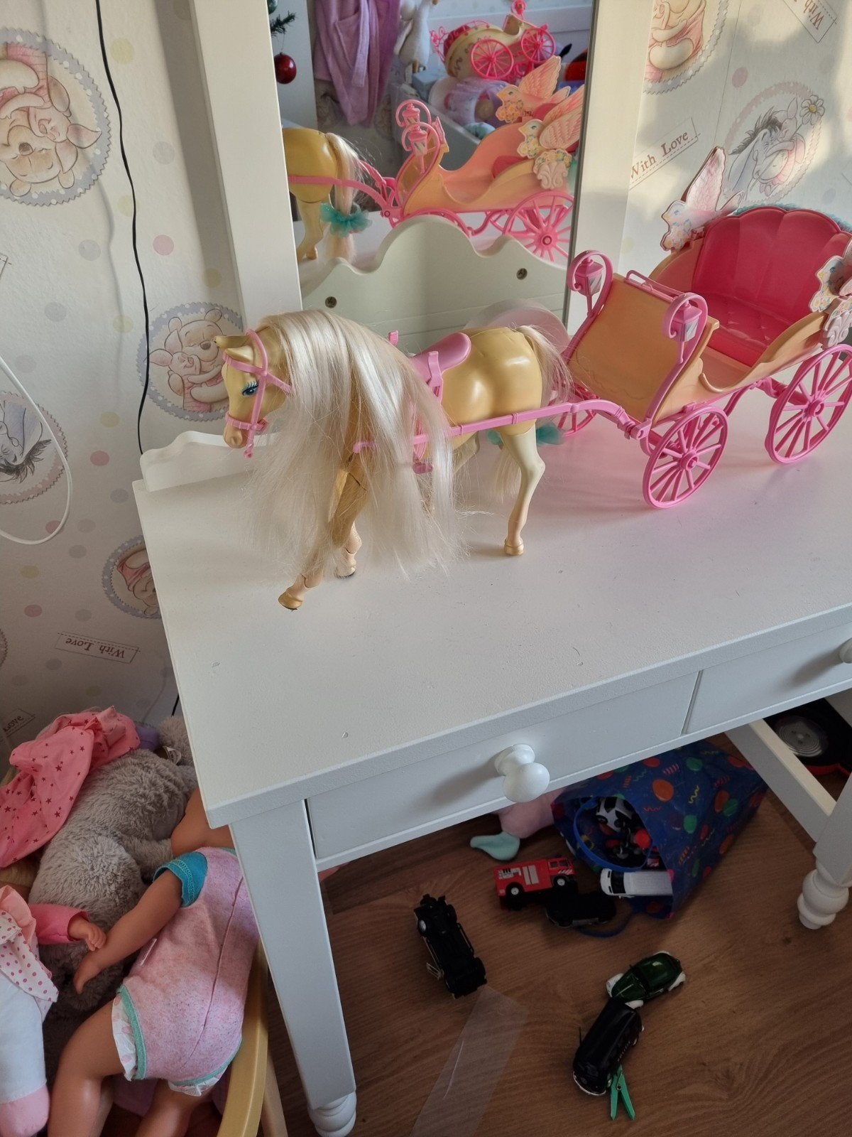 Vintage Barbie paard met koets - paard loopt niet, Ophalen of Verzenden, Gebruikt