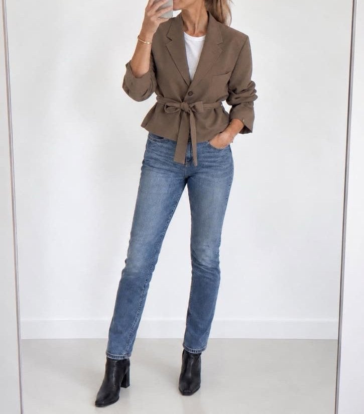 Upcycled Vintage Blazer - Suede look - Cropped - One size, Maat 38/40 (M), Bruin, Ophalen of Verzenden, Zo goed als nieuw