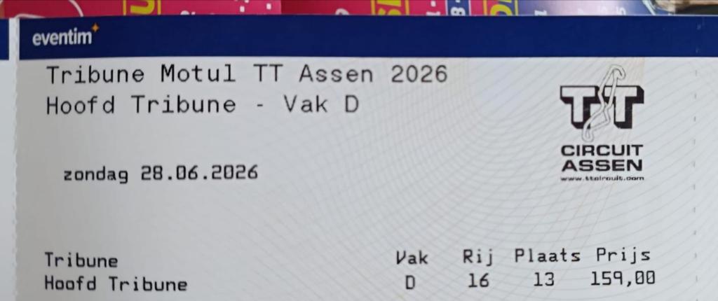 1 kaartje hoofd tribune TT  Assen, Eén persoon, Juni
