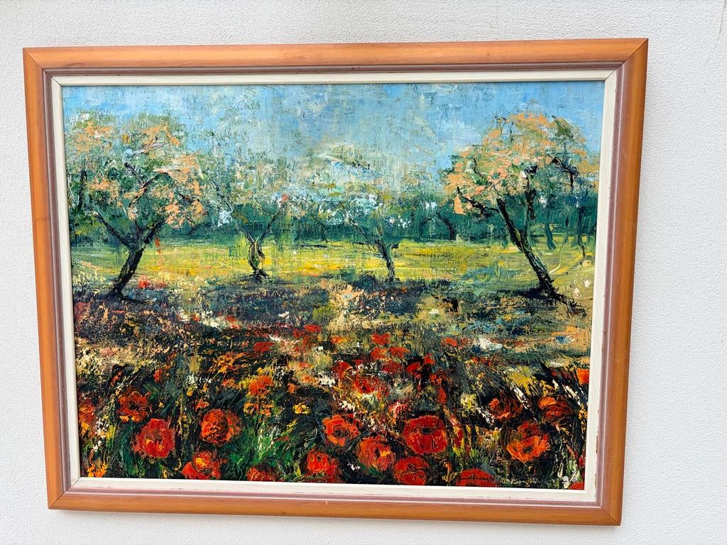 Schilderij: Bloeiende bomen en klaprozenveld, gesigneerd, Antiek en Kunst, Kunst | Schilderijen | Klassiek, Ophalen