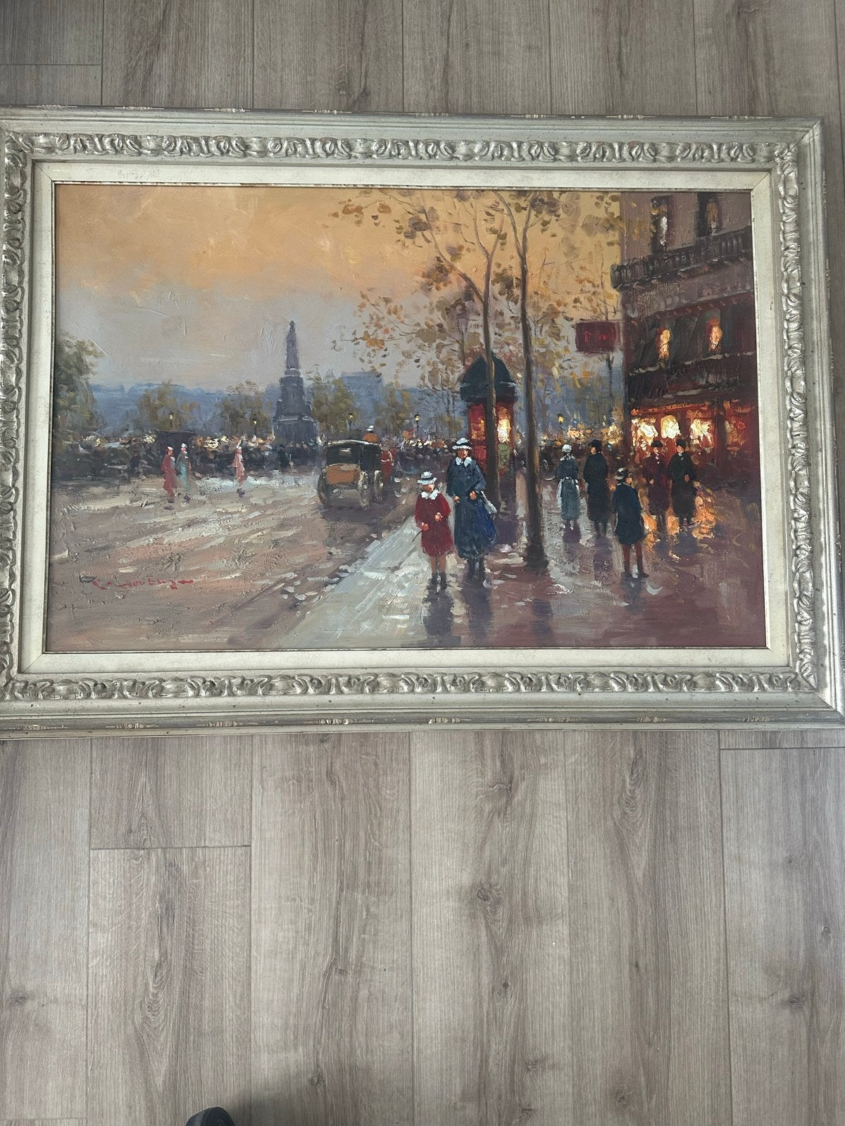 Groot schilderij Caroline Burnett - Klassiek Parijs straatge, Antiek en Kunst, Kunst | Schilderijen | Klassiek, Doek, Bijzondere lijst
