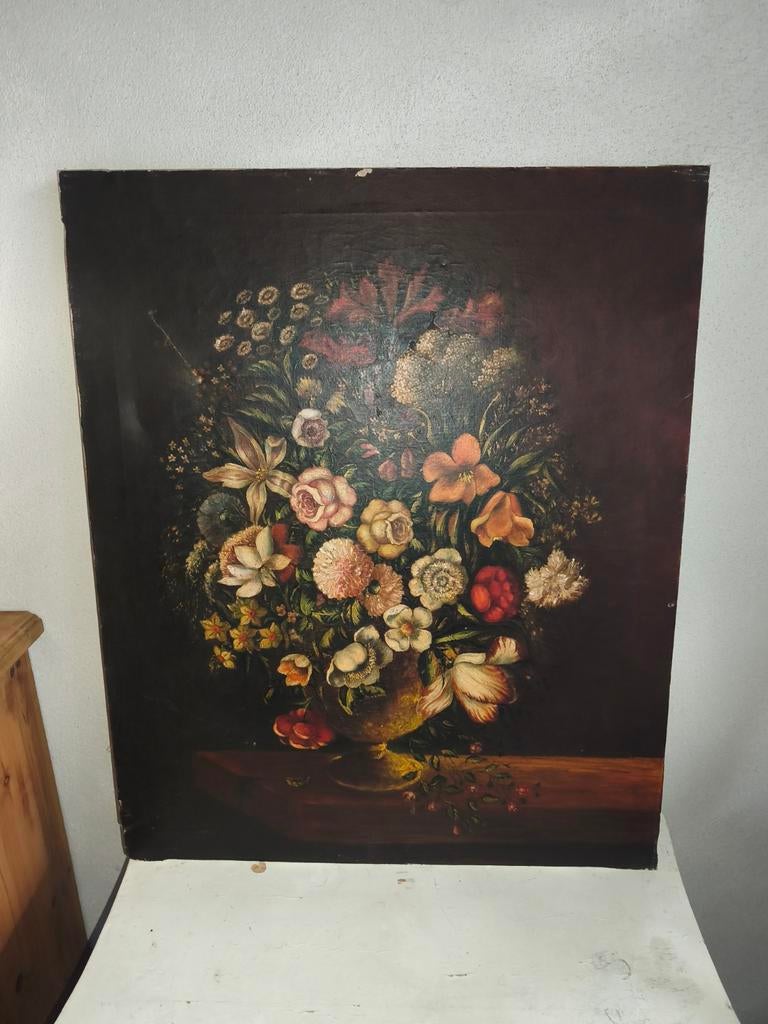 Oud olieverf schilderij doek bloemen stilleven schapenweide, Antiek en Kunst, Curiosa en Brocante, Ophalen