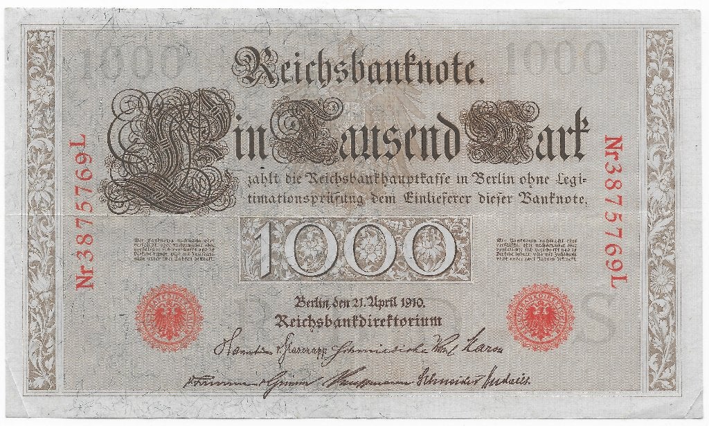 1000 Mark 1910 Reichsbanknote; two red seals 769L, Ophalen of Verzenden, Duitsland, Los biljet