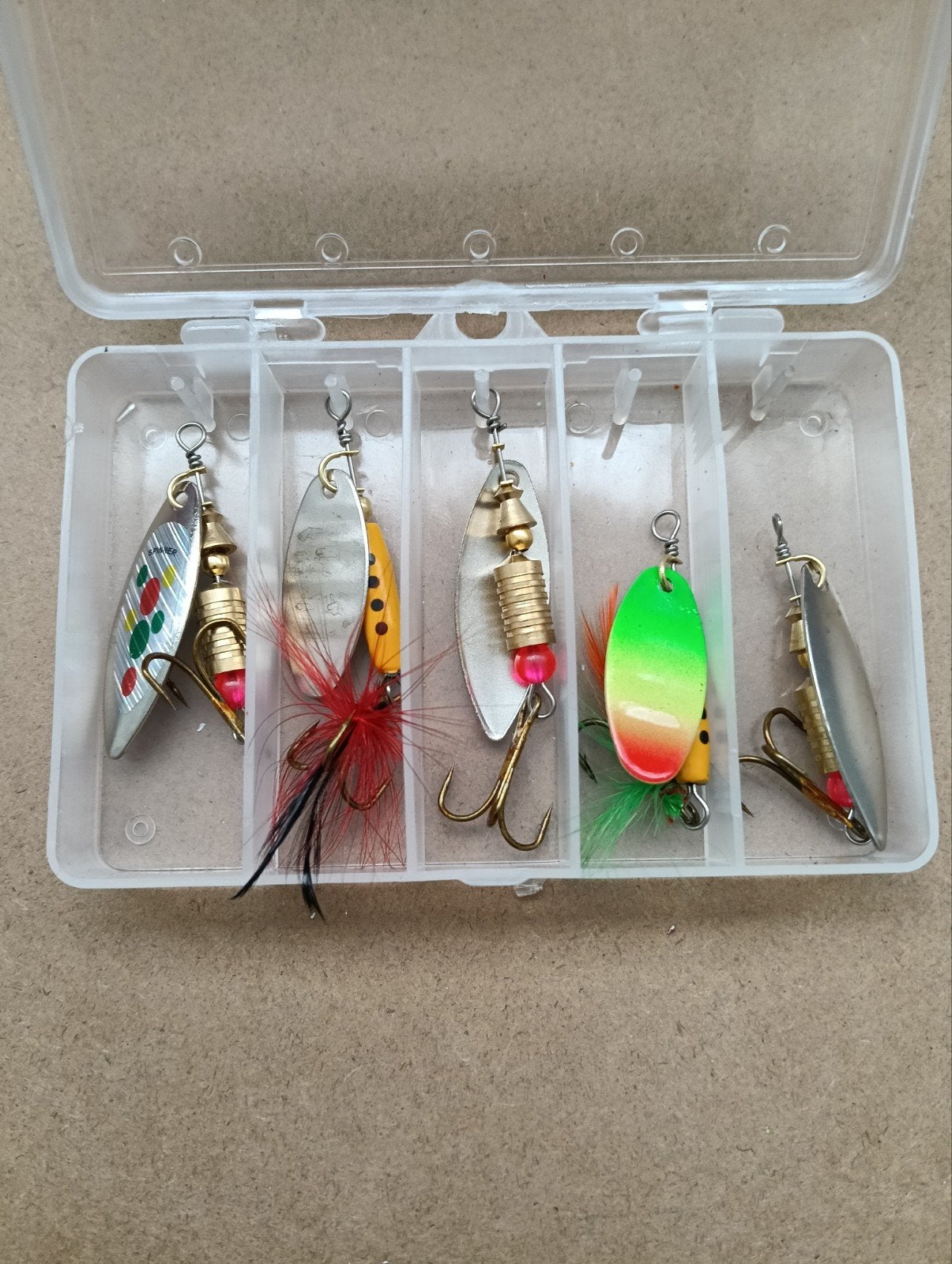 5 Spinners met/zonder veren voor Baars, Snoek, Forel, Ophalen of Verzenden, Nieuw, Overige typen