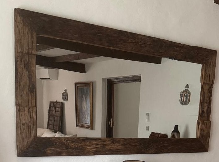 Grote spiegel, donker hout landelijke & mediterrane stijl, Ophalen, Rechthoekig, 150 tot 200 cm, Minder dan 100 cm