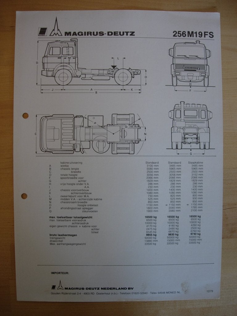 Magirus 256 M19 FS Technische Specificatie brochure 1979, Magirus, Ophalen of Verzenden, Zo goed als nieuw, Overige merken