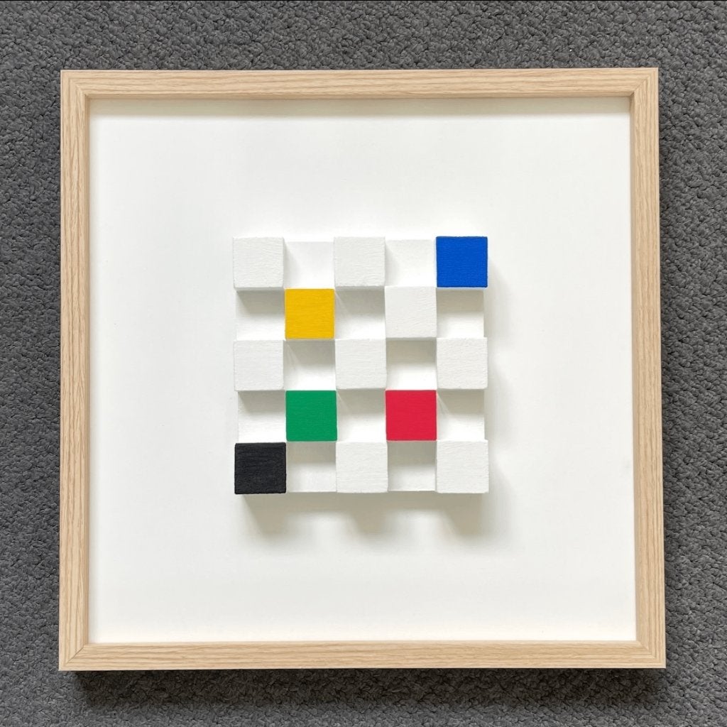 Schilderij van blokken uit oude blokkendoos - recycling, Minder dan 50 cm, Oorspronkelijke maker, Nieuw, Ophalen of Verzenden