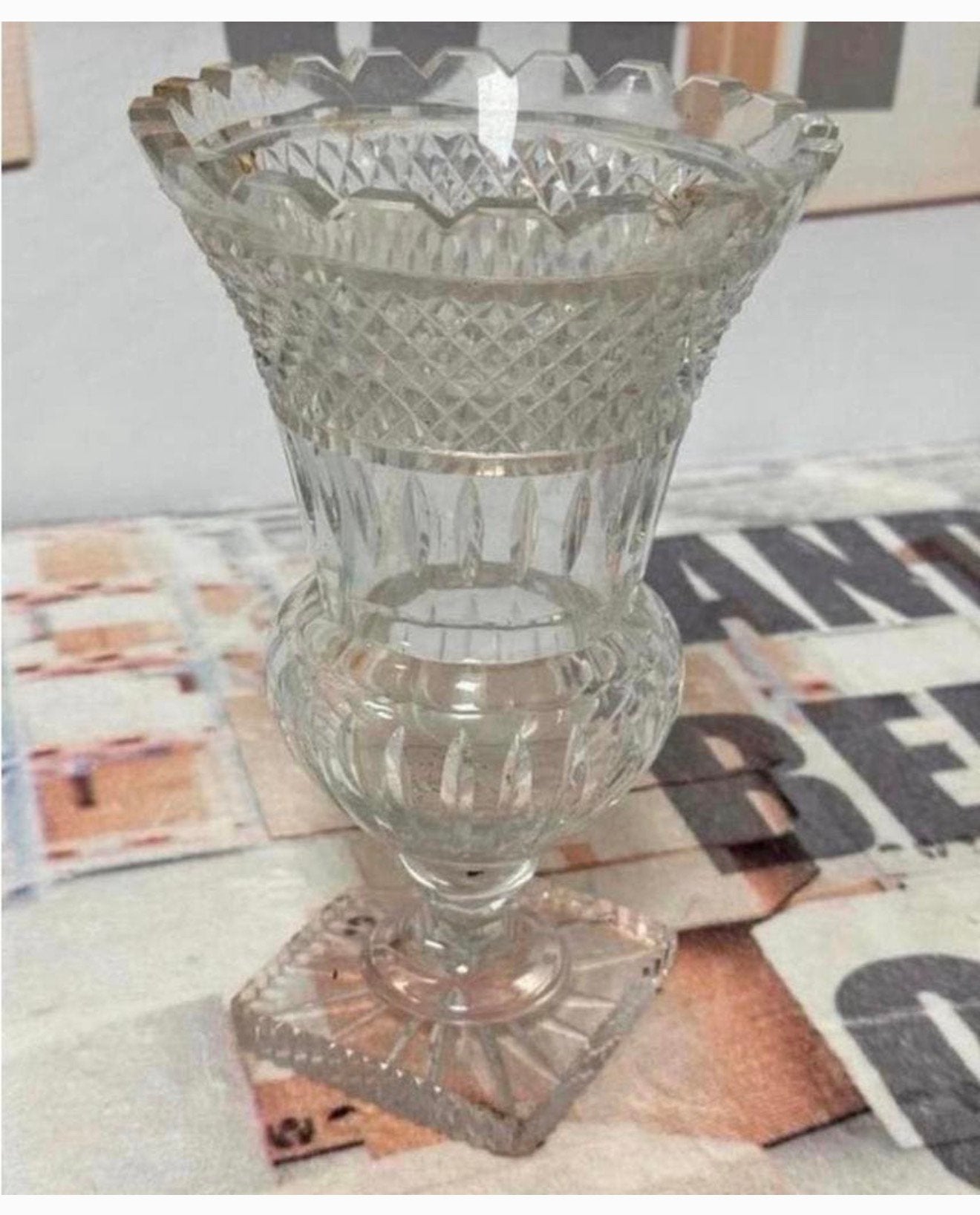 Grote kristal kristallen antieke antiek bloemen vaas helder, Ophalen of Verzenden