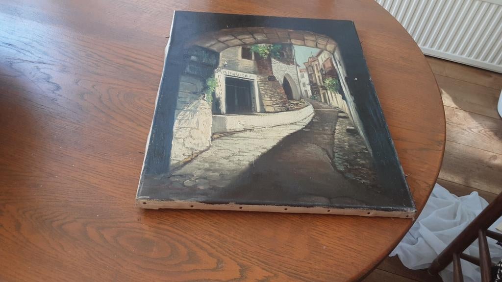 Oud schilderijtje van een straatje in een dorp, Antiek en Kunst, Ophalen of Verzenden