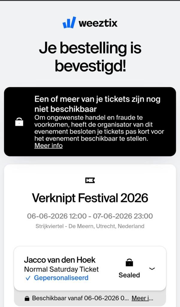 Verknipt Utrecht ticket zaterdag 6 juni, Tickets en Kaartjes, Evenementen en Festivals, Eén persoon