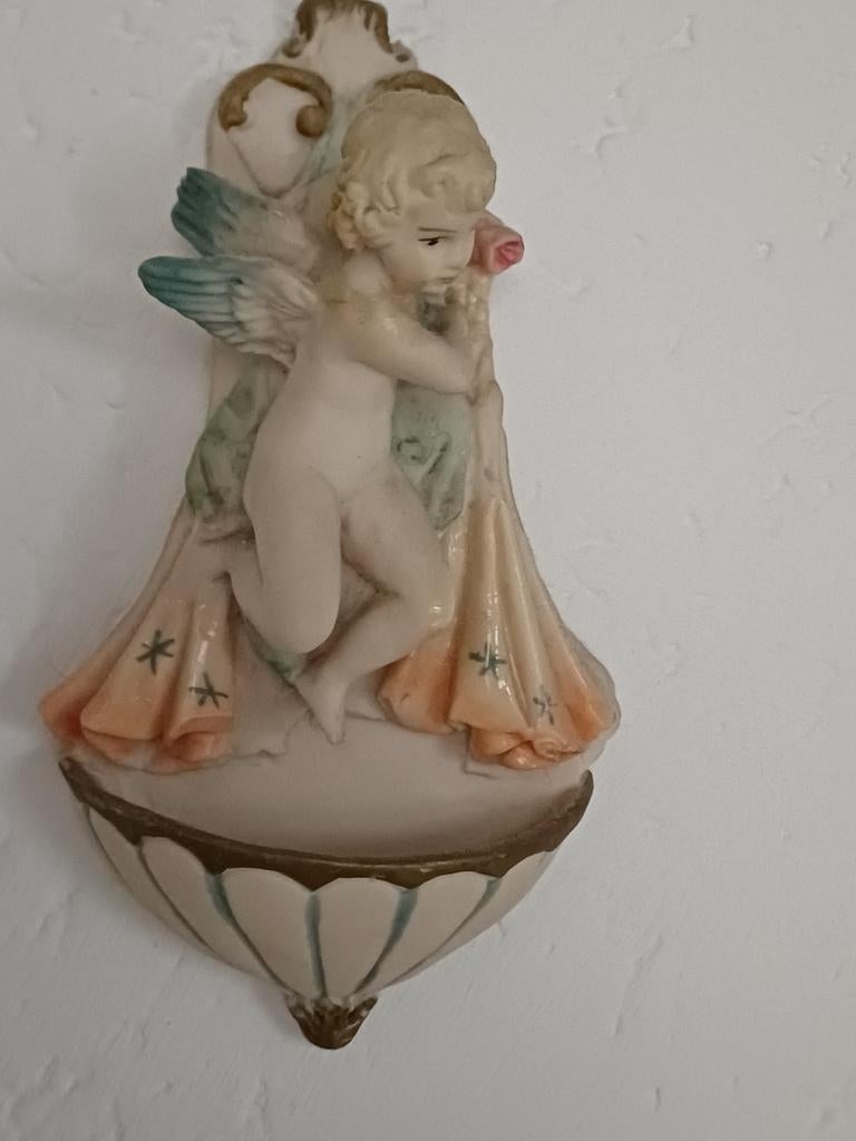 Twee Antieke Wijwaterbakjes: Engel en Maria met Kind, Antiek en Kunst, Antiek | Religie, Ophalen of Verzenden