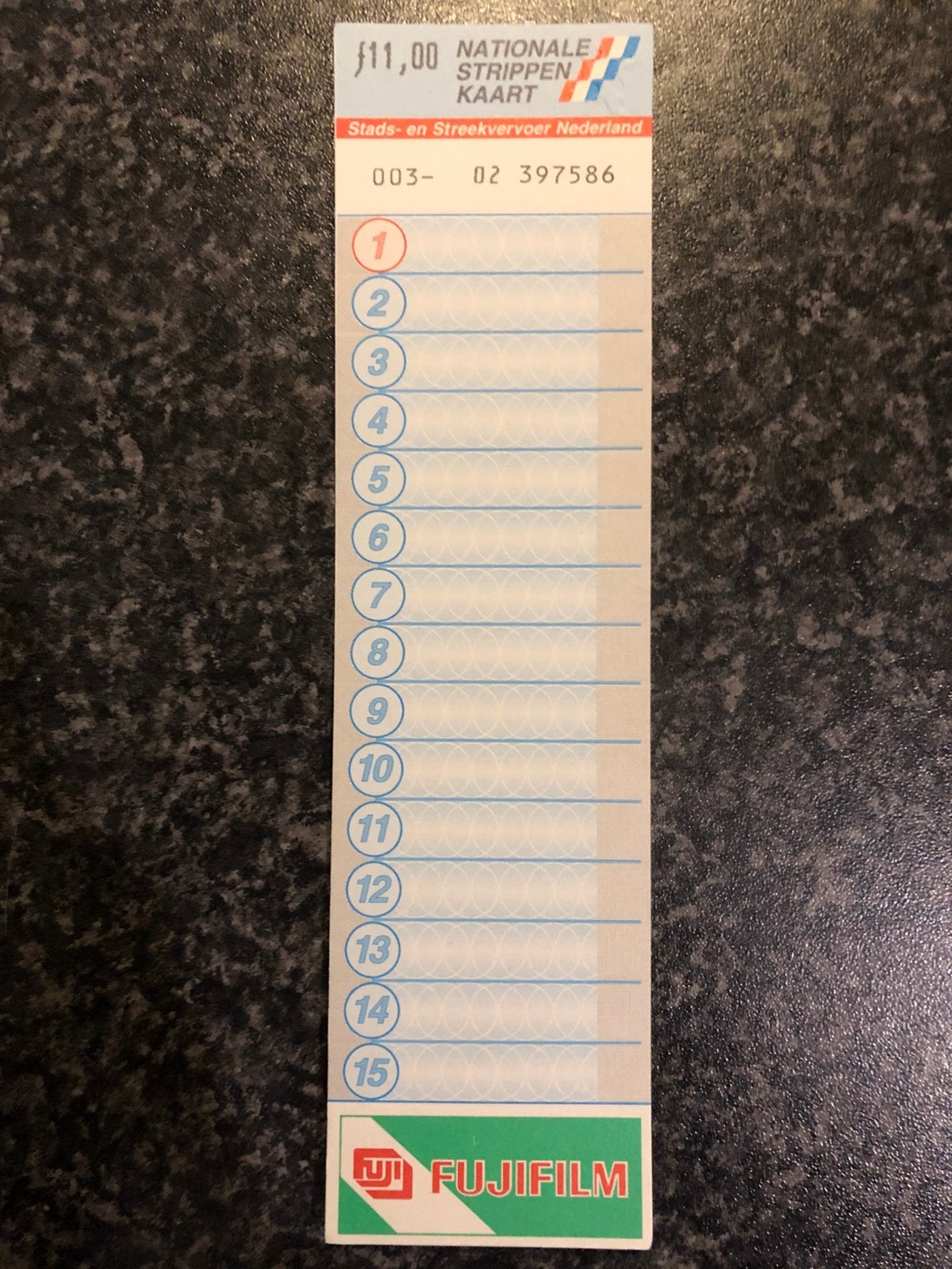Nieuwe strippenkaart ongestempeld ongevouwen 11 gulden 1994, Tickets en Kaartjes, Eén persoon, Bus, Metro of Tram, Algemeen kaartje
