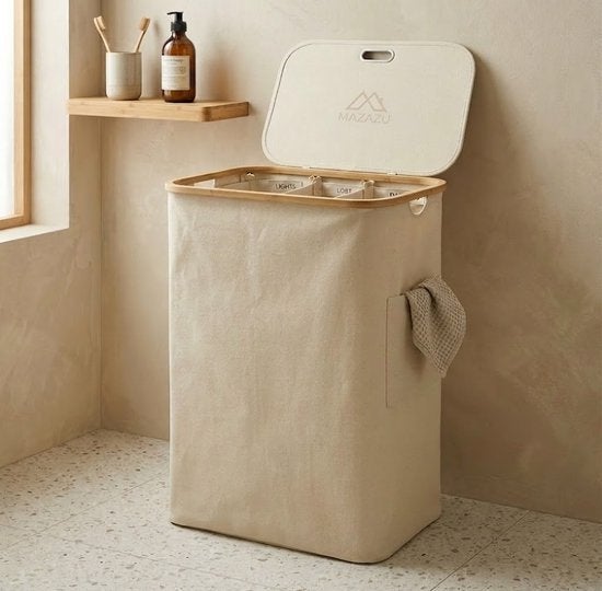 Wasmand 3 Vakken – Beige – Met Deksel & Bamboe, Huis en Inrichting, Ophalen, Zo goed als nieuw, Wasmand, Overige merken