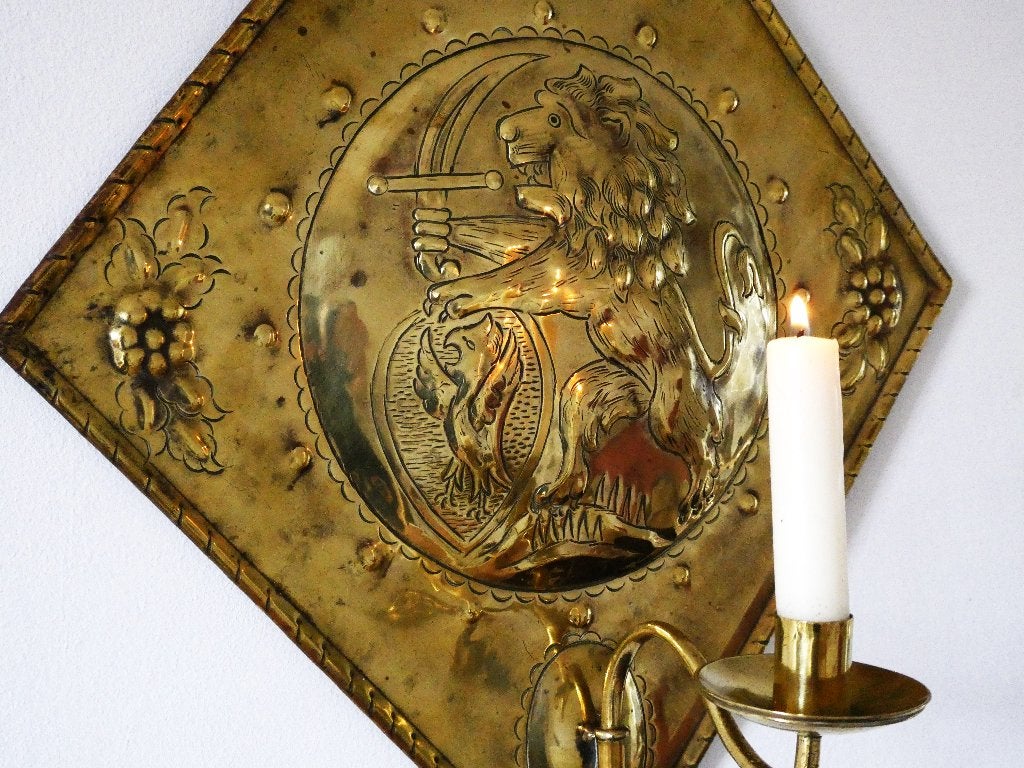 Hollandse blaker wandkandelaar lopende leeuw kandelaar, Ophalen of Verzenden, Koper of Brons