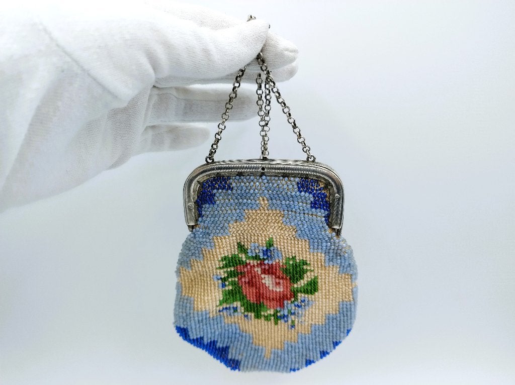 Zilveren beursbeugel met kralentas, 1840, Verzenden, Zilver