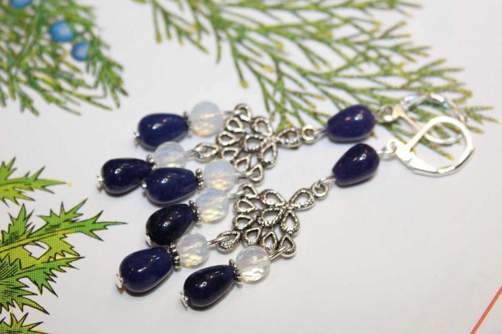 Boho oorbellen met opaliet en blauwe druppels, Sieraden, Tassen en Uiterlijk, Oorbellen, Overige materialen, Hangers, Blauw, Nieuw