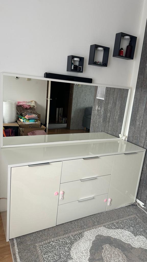 Hoogglans wit dressoir met spiegel 160x42x75, Ophalen, 25 tot 50 cm, 150 tot 200 cm