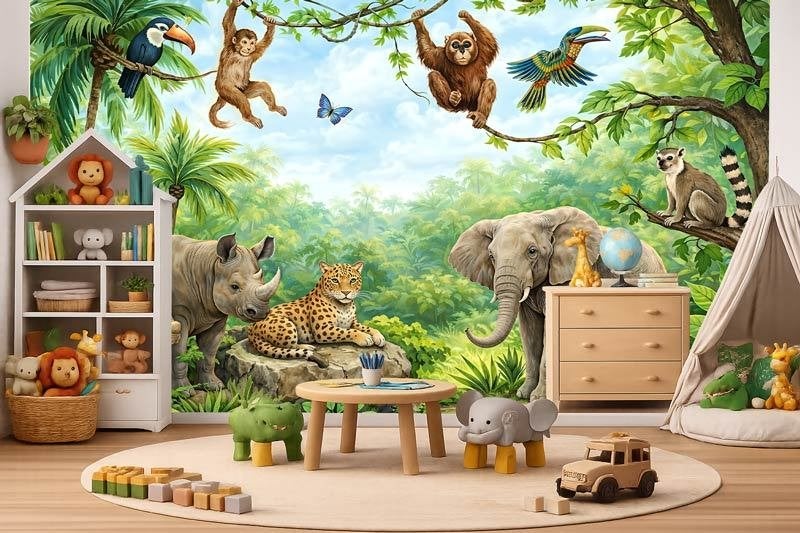 Fotobehang / Behang - Kinderkamer - Jungle Dieren Avontuur, Fotobehangkoning.nl, Overige patronen, Hoogeveen, Info@fotobehangkoning.nl