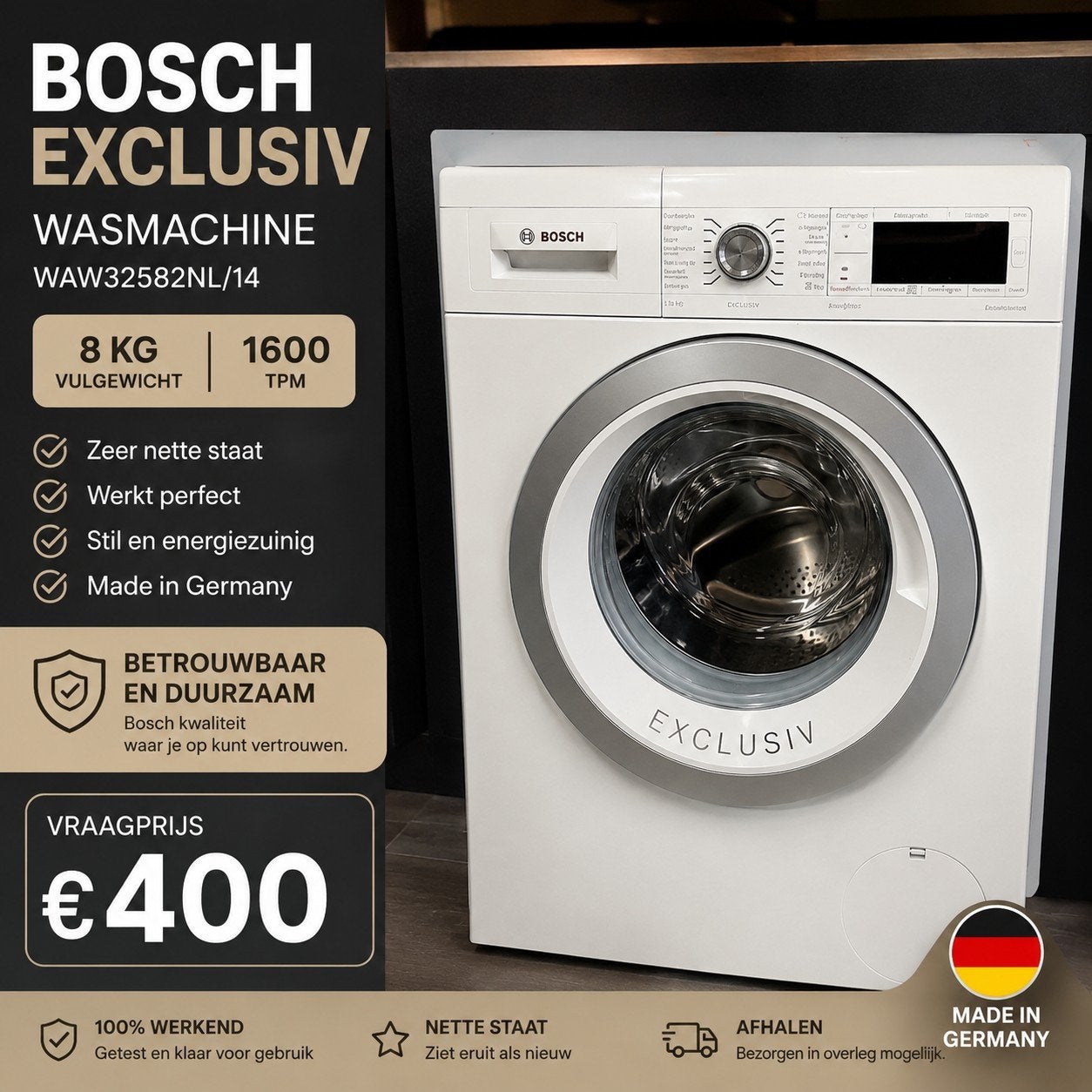 Bosch Exclusiv WAW32582NL/14 Wasmachine 8kg 1600 TPM, Ophalen, 8 tot 10 kg, Voorlader, 85 tot 90 cm