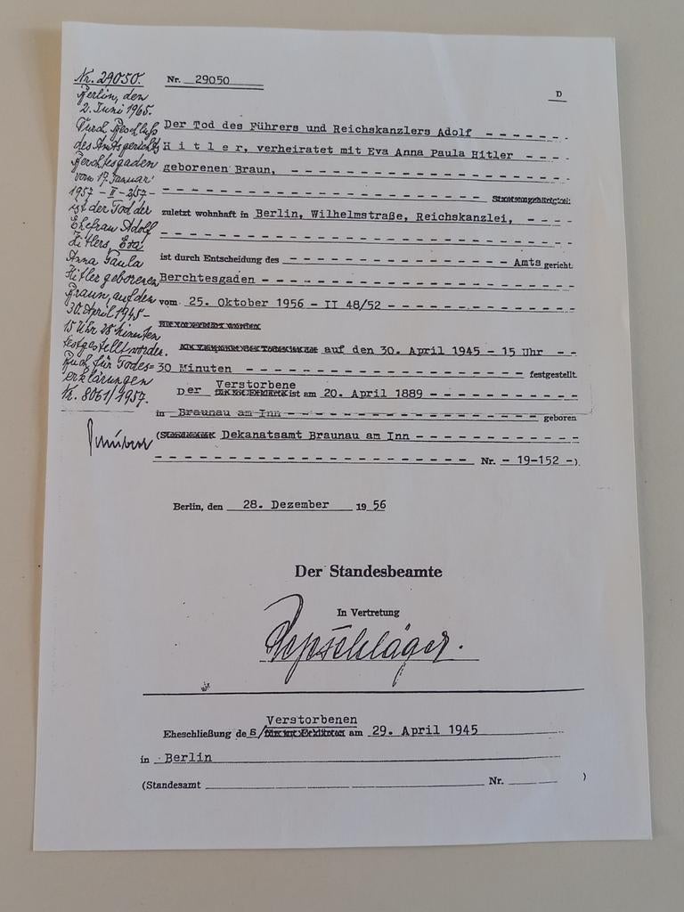 Kopie overlijdensakte Adolf Hitler, ., Overige soorten, Ophalen of Verzenden, Duitsland