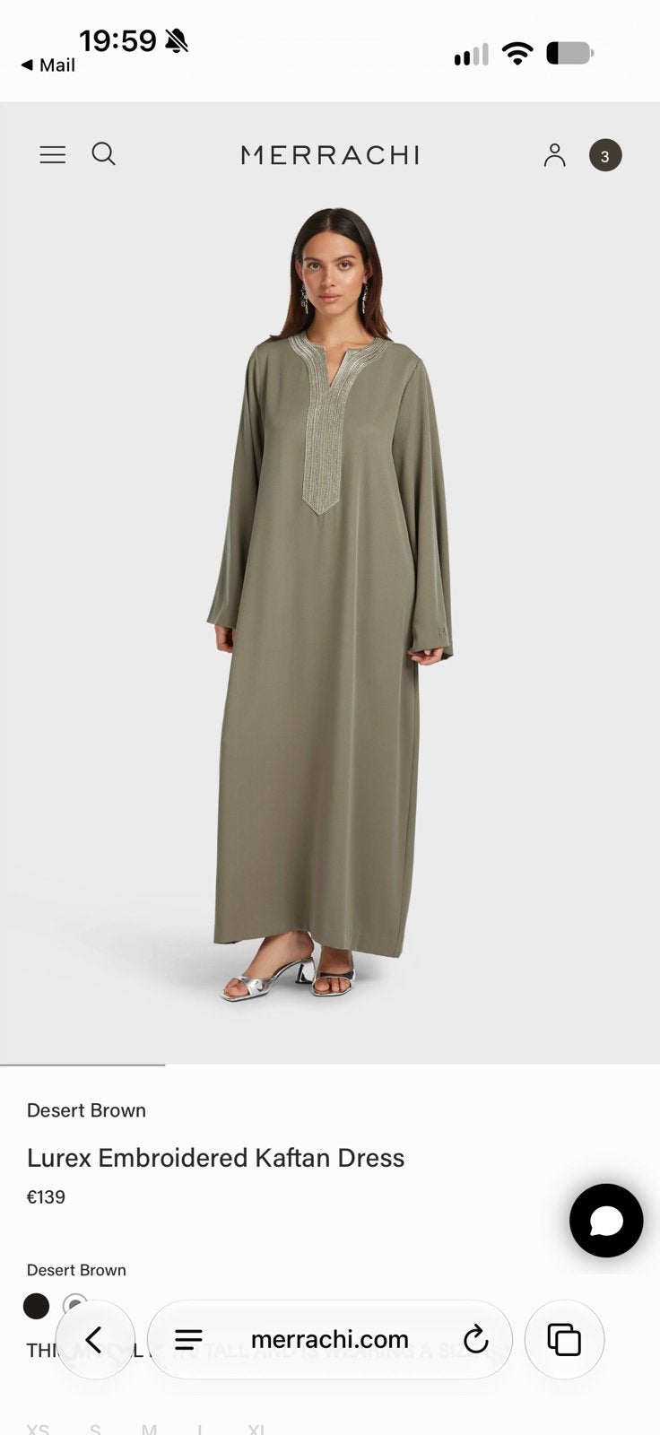 Lurex Embroidered Kaftan Dress | Desert Brown | Merrachi, Overige kleuren, Zo goed als nieuw, Onder de knie, Ophalen